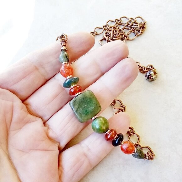 Handmade Asymmetrical Choker! Semi-Precious Stone Beads + Copper! Fall Colors! - Picture 10 of 15